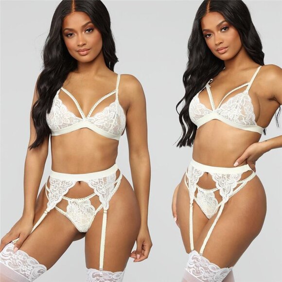 2/$30 3 Piece White Lingerie Set Lace Bra Thong Underwear Babydoll Garter Belt - Picture 1 of 6